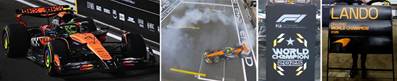 MCLAREN MCL39 N°4 3ème GP Abu Dhabi 2025 Lando Norris Champion du Monde des Pilotes F1 2025 avec base large et traces de pneus et avec pit board